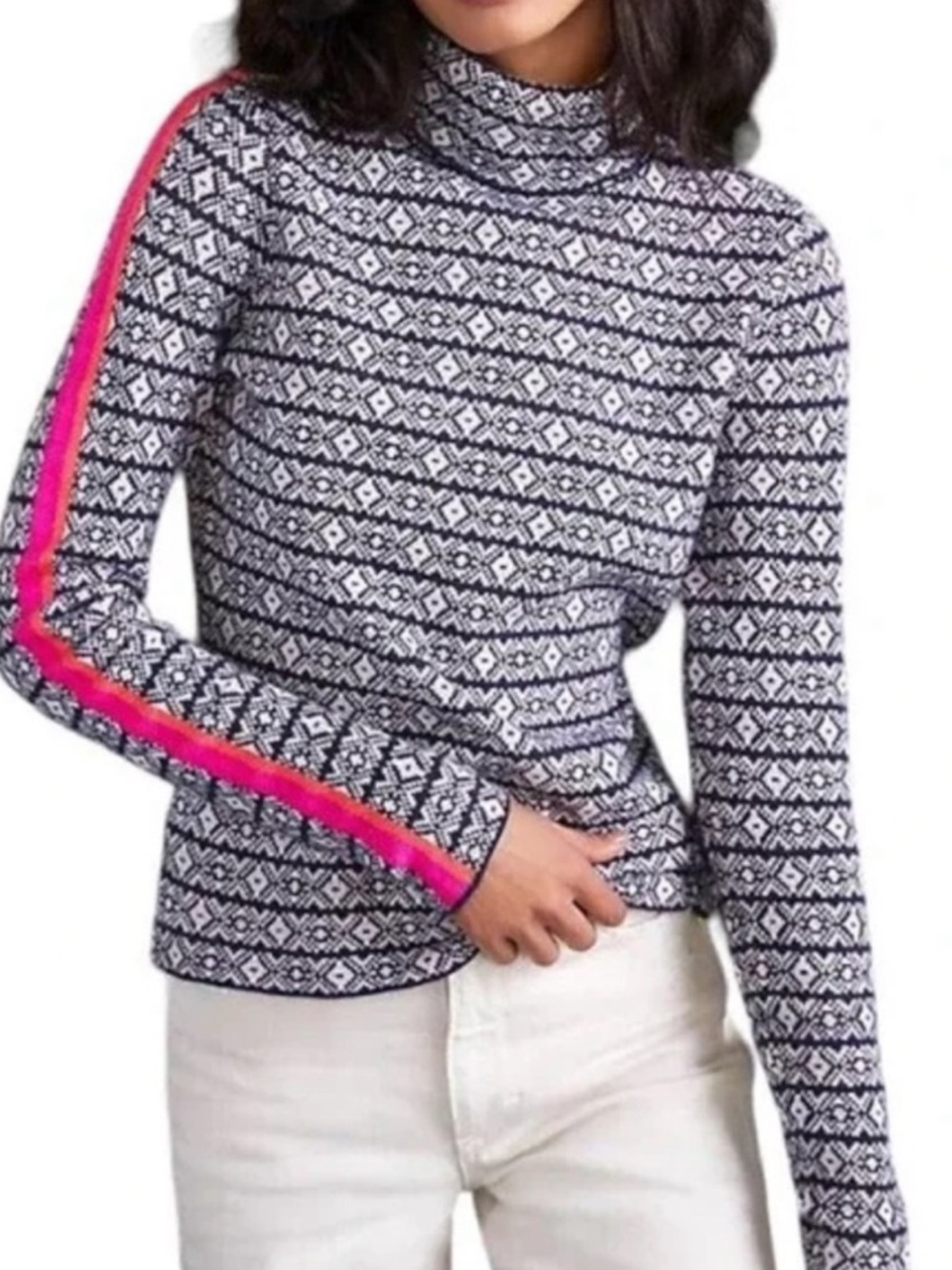 Maeve Black White Turtleneck Sweater Pink Stripe Anthropologie ski slope alpine